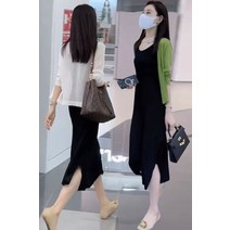 여름 심플 얇은 가디건 상의에 허리를 잡아주어 날씬해 보이는 민소매원피스 투피스
