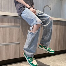 찢청 코쿤 나혼자산다 힙합 셀비지데님 연 진 생지 와이드 일자 밴딩 데님 남자 9부 청바지