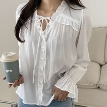 여성 봄 가을 프릴 셔링 끈 블라우스 셔츠