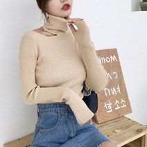 여성용 반 오프숄더 목폴라 니트 티셔츠 하늘비즈 A11 F788D780