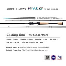 PURELURE WILD 1-Piece Rod All Fuji SIC 가이드 링 파이크로드 블랙베이스로드 코르크 핸들 Toray T1100G 천 조팬더, WD-C661L-MXXF