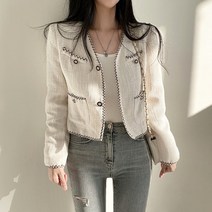 [레티고] 간절기 브이넥 트위드 라인 크롭 자켓