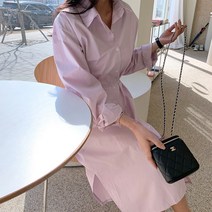 하이데일리 벌룬 퍼프 소매 마룬 셔츠 롱원피스