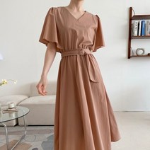 날개 소매 링벨트 브이넥 롱 플레어 원피스
