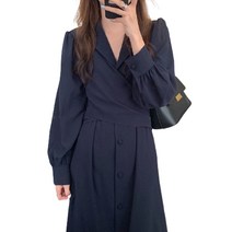 여성 봄가을 수트 칼라 버튼 웨이스트 레이스 드레스