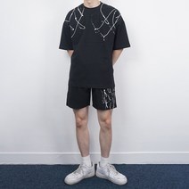 페인팅 여름 오버핏 반팔 밴딩 4부 반바지 트레이닝복 세트 커플 런닝복