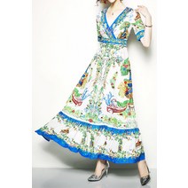 블루 네이처 랩 스타일 여름 유럽 롱 맥시원피스