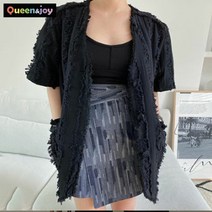 퀸앤조이 프린지 V넥 노카라 반팔 여름 자켓***판매자 SSK무역***