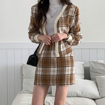 [바보사랑] 여성 브이넥 체크 크롭 가디건 미니 스커트 세트