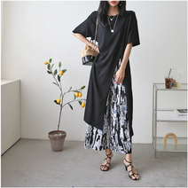 도희날다 허 150 국내제작 루즈핏 여성 긴롱티셔츠 긴옆트임 롱티셔츠 반팔긴롱티셔츠