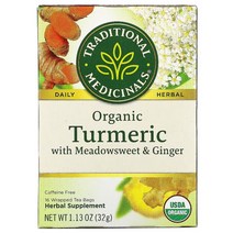 Traditional Medicinals Organic Turmeric with Meadowsweet Ginger Caffeine Free 16 Wrapped Tea Bags, One Color, One Size