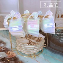펄 홀로그램 컵 수입머그 내열유리 아이스크림 오로라 유리 아포카토 에스프레소 홀로그램 잔 커피 라떼 티팟 세트, A타입6개+걸이+선물포장개