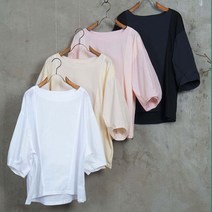 벅시루 여성 얇은 볼륨소매 소재배색 블라우스티 루즈핏