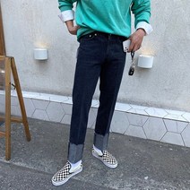 간빠레 남자 일자 흑청 롤업 청바지