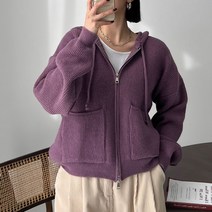 뜨개진 여성용 루즈핏 포켓 니트 레이션 후드 집업