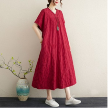 Ogfaour 여성 롱 여름 고급 냉장고 까실이 쿨 원피스 린넨 빅사이즈 브이 넥 반팔 랩 무지 원마일웨어 이지룩