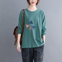도오빠 포글티 여성 긴팔 티셔츠 루즈핏 오버핏 라운드넥 자수 패치 면티 편안한 얇은 사계절 중년 여자티셔츠 여자긴팔티