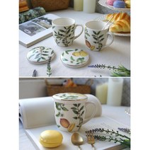 허브 프린팅 고급 도자기 뚜껑 머그컵 고급컵 선물용 예쁜컵 답례품 라떼