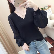 가을 새로운 스타일 외국 스타일 V 넥 쉬폰 긴팔 스티치 니트 탑 블랙