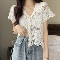 LS70400 여름 휴가 여행 반팔 뜨개 레이스 숏 가디건