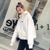 JUST FEEL!NG 1+1 겨울후드티 여성 기모 두꺼운 후드 빅사이즈 루즈핏 프린팅 코디 상의 여성의류 맨투맨 긴팔티 후드티