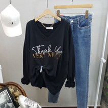 상상그이상 여성용 깊은 브이넥 골드 레터링 포인트 긴팔 맨투맨 여성스러운 티셔츠