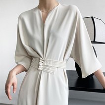 안녕릴리 여성 루즈핏 오픈넥 버클 레이스 스트레이트 롱원피스