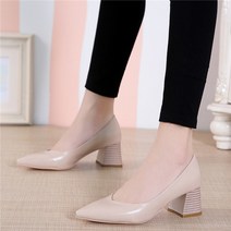 스킨색구두 살색구두 스킨색구두7cm 베이지구두 스퀘어 힐 뾰족한 발가락 펌프 신발 여성 leather med heels v mouth casual office lady ol