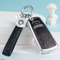 SHANGHONG 아우디 키 포브 커버 열쇠고리가 있는 천연 가죽 크리스탈 전체 보호 키 케이스 쉘 A6L A6 A7 A8 Q7 Q8 E-Tron 2018-2022 A3 S3, model 1(black)