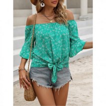 올오버 프린트 오픈숄더 아랫단 매듭 블라우스304486