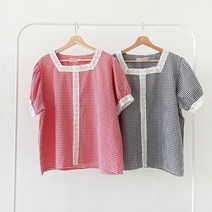 레이스 퍼프 스퀘어넥 루즈핏 면 체크 반팔 블라우스 (2컬러)