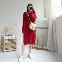 모노위크 당일배송 꽈배기 옆트임 루즈핏 롱 니트원피스