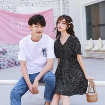 신행커플룩 커플 드레스 2023 여름 트럼펫 리브 쉬폰 스커트 여성 반팔 티셔츠 세트 제주도여행