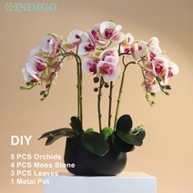 화병 도자기 유리 돌 흰색 나방 난초 DIY 꽃꽂이 (5PCS 4PCS 이끼 잎 + 냄비) 나비 꽃 장식 중심 인디고, 10 1 SET DIY