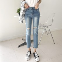 쏘옷 여성용 포인 헤짐 슬림 일자 데님팬츠