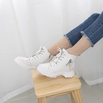 여성 가죽 통굽 워커 블랙 화이트 키높이 앵클 부츠