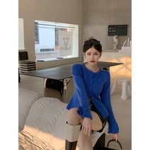 4가지 컬러 매치 블루 나팔 소매 니트 카디건 가을 디자인 감각 슬림 상의