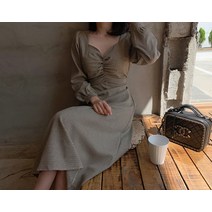 폴츠니 체크 하트넥 셔링 롱 원피스