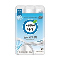 깨끗한나라 3겹 데코 더 순수 천연펄프 롤화장지 27m, 3개, 30롤