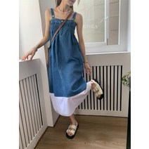 BANHANY 루베리 데님 밑단 배색 밴딩 A라인 플레어 나시& 오프숄더 원피스 22062427
