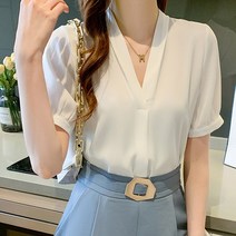 banhany 기본 베이직 브이넥 쉬폰 셔링 반소매 블라우스 탑 빅사이즈