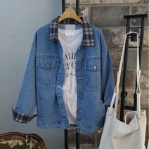 상상그이상 여성용 체크 청자켓 카라넥 포인트 레트로 감성 편한 레이어드 오버핏 데님자켓 간절기 아우터 유니크한 소프트 캐쥬얼 점퍼