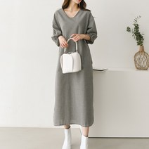 NewCare 여성 체크 원피스 브이넥 루즈핏 롱원피스 벌룬소매