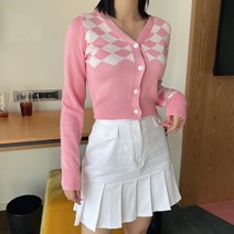 [하이틴룩] 러브썸 아가일 패턴 브이넥 니트 여리 크롭 간절기 가디건