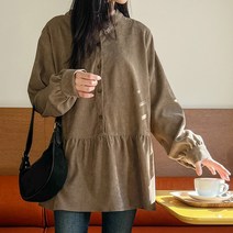 로로텐 코듀로이 롱 블라우스 셔링 라운드넥 여성 빅사이즈
