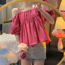 오프숄더 A라인 면 코튼 셔링 반팔 블라우스 오버핏 하늘하늘 벌룬 샤랄라 보세 수입 SY