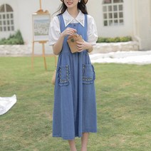 티티웍스 프릴 자수 멜빵 뷔스티에 데님 롱 원피스