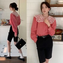 데일리룩 프렌치 레이스 자수 인형 칼라 다운 체크 퍼플 소매 진주 단추 가디건 루즈핏 셔츠