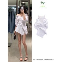 봄 여름 간절기 피서 데이트룩 오프숄더 슬림핏 소매 롤업 카라 셔츠 미니 원피스