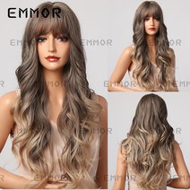 구미 가발 여제 앞머리 브라운 그라데이션 선염 빅 웨이브 롱 웨이브 헤어 고온 실크 위그, 3 #